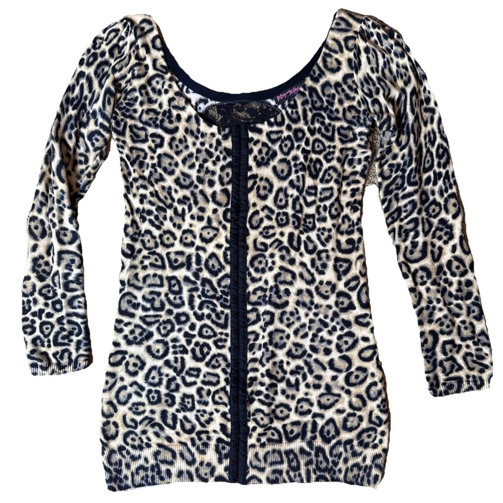 Betsey Johnson Medium Brown Black Leopard‎ Print Sweater Tunic Lace Back Y2K 90s